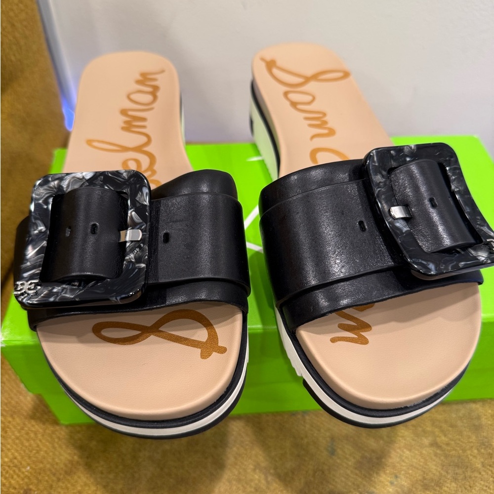 Sam Edelman Black Slide Sandals with Marbled Buckle